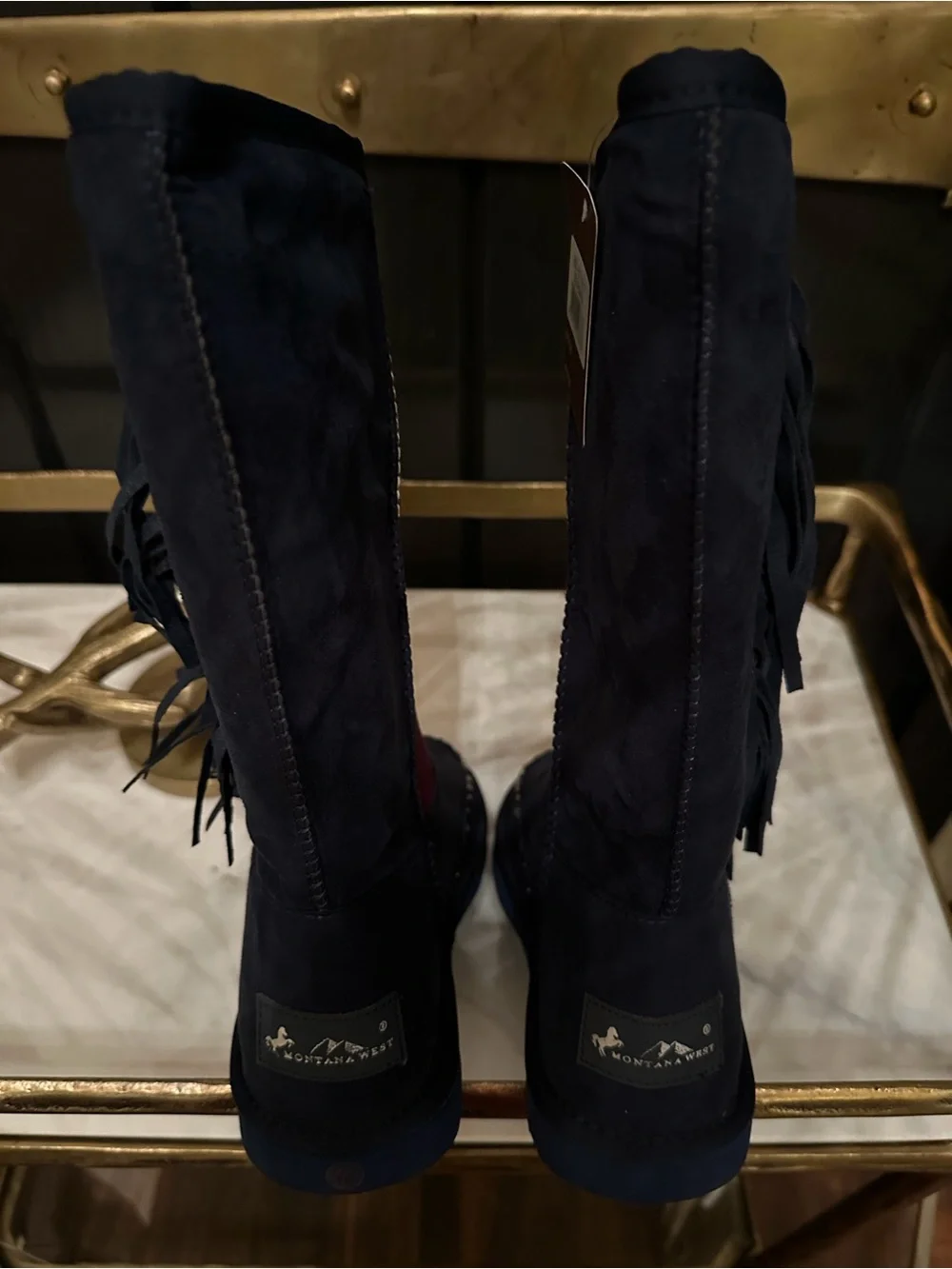 MONTANA WEST Suede Leather Western slide fur Boots Rodeo studded fringe Navy 7